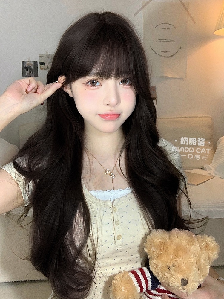 ニャーニャーウィッグをかぶった女性毎日のインターネットセレブのロングカーリーヘアフルバング付きのナチュラルな新しいライフスタイルフルヘッドギア [チーズソース]