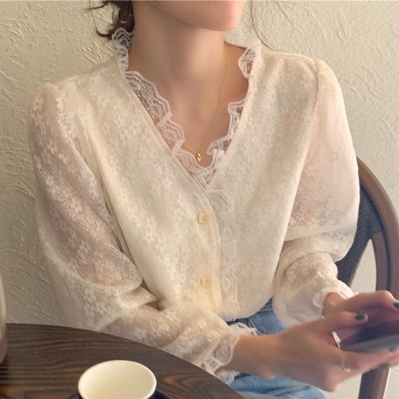 トップス シャツ ブラウス レディース 春 秋 きれいめ 長袖 Vネック 裾イン レース 前開き 透け感 ベージュ ワンサイズ ゆったり かわいい 大人可愛い シンプル カジュアル 大人 上品 おしゃ