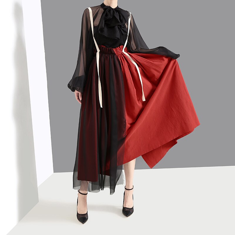 スカート 春夏 きれいめ レディース フレアスカート ロング丈 マキシ マキシ丈 9分丈 アンクル丈 無地 ウエスト ゴム スリット 赤 レッド 大人カラー 春カラー 秋カラー かわいい 大人可愛い