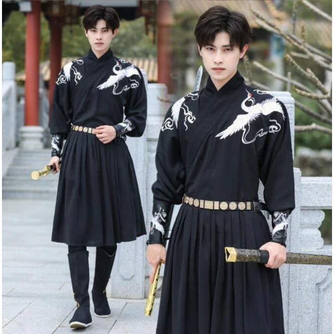 男性用 漢服 中華 コスプレ衣装 チャイナ服 パンツセット ミモレ丈 交差襟 長袖 黒 メンズ 中国 古代 時代劇 仮装 変装 華流 コスチューム 舞台 ステージ衣装 ハ30%までに制限