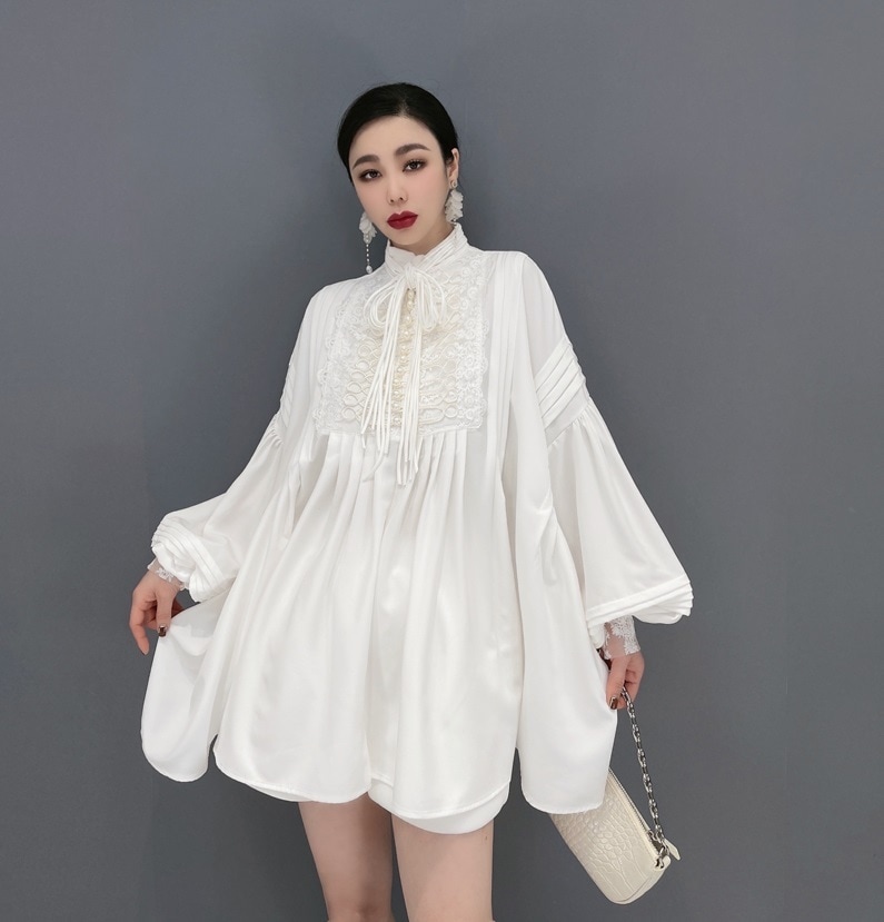 ワンピース シャツワンピース ショート丈 長袖 ボリューム袖 スタンドカラー Aライン リボン かわいい 大人可愛い きれいめ シンプル 大人 上品 おしゃれ 大人可愛い 大人女子 こなれ感 ラブリー