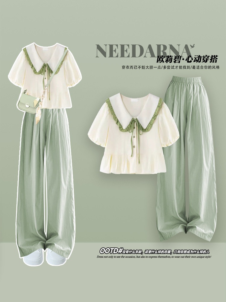 夏の服装はドーパミンカラーのセットアップで小柄な方向けのカジュアルな山本パンツのツーピースセットです