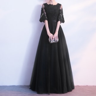 ドレス ワンピース パーティー 結婚式 二次会 披露宴 演奏会 発表会 フォーマル ロング マキシ 半袖 ラウンドネック スレンダー タイト スリム 細身 イブニング レース 刺繍 チュール