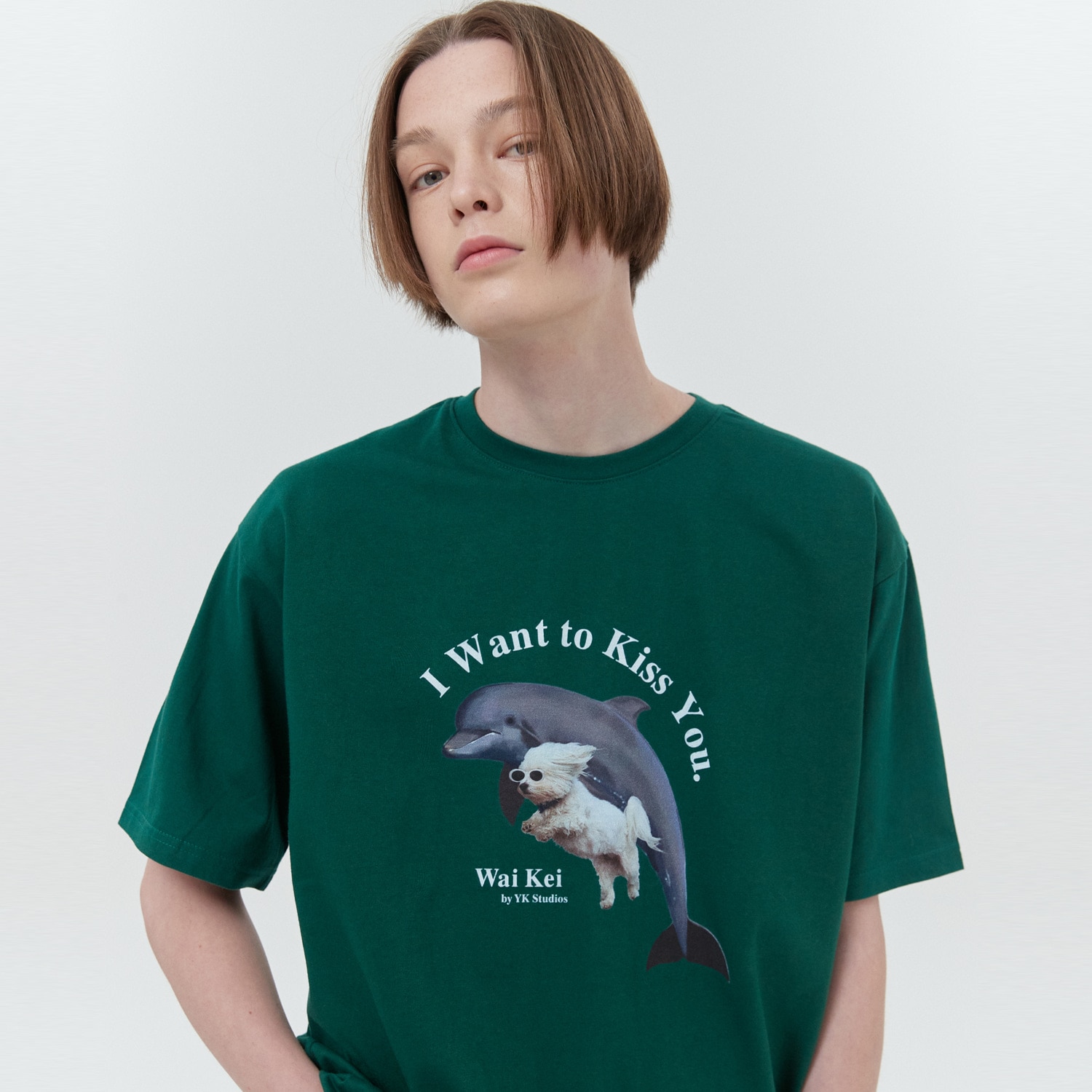 Puppy dolphin jumping half sleeve tshirt GREEN ove