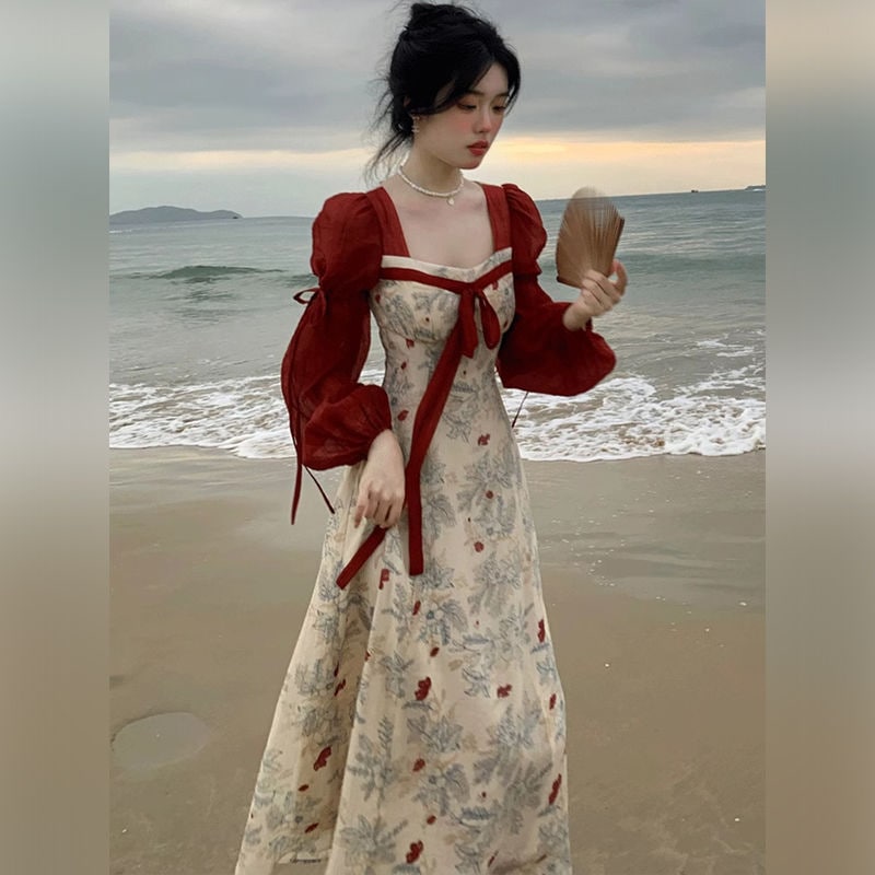 女性のための新しい風風ステッチ赤いドレス 2024 春の気質ハイエンド逃亡王女ドレス