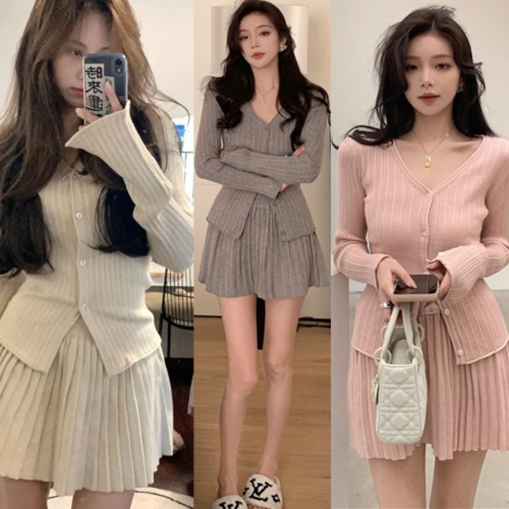 C0187 Vネックベーシックニットカーディガン+プリーツスカートセット