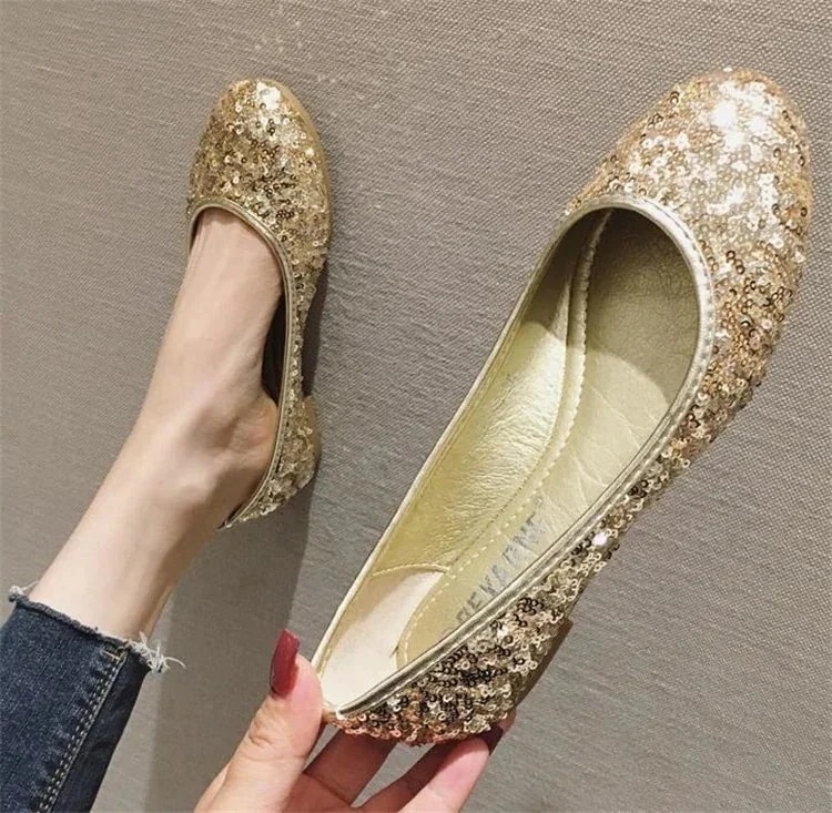 通勤する 婦人靴 歩きやすい パンプス スパンコール ラウンドトゥ シングルシューズ ゴールデン 大きいサイズ 百掛け 見なきゃ損する フラット