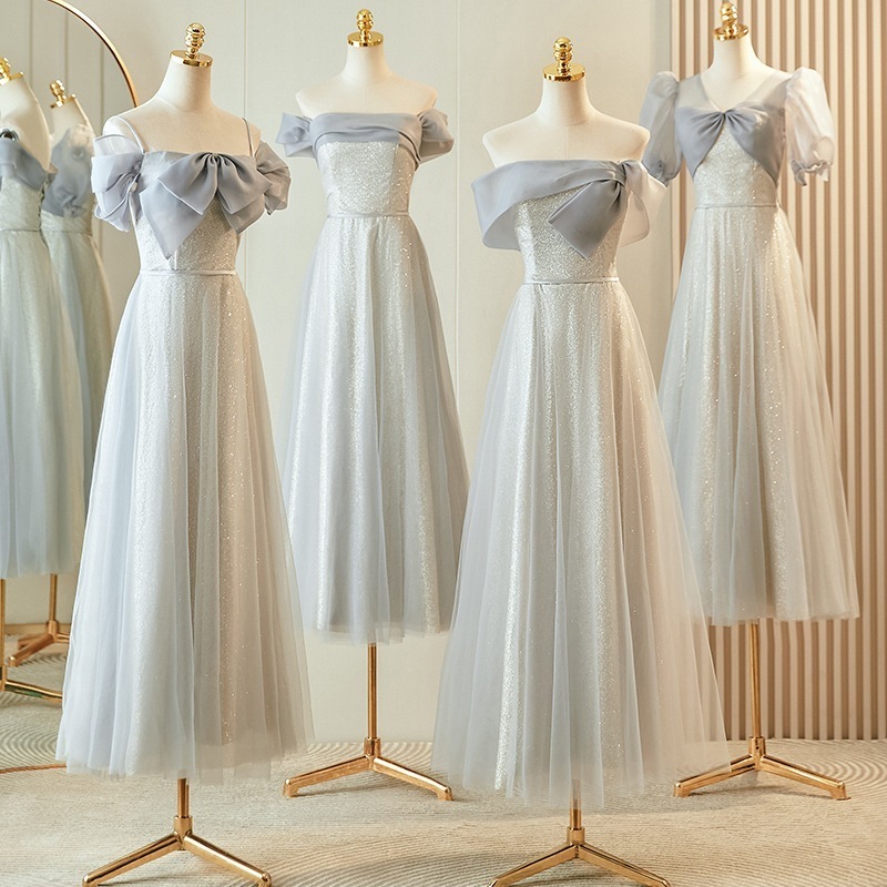 【1つ買うと10つ無料】女性のための灰色の花嫁介添人服2025秋と冬のハイエンド姉妹グループドレスドレス小さな人は通常