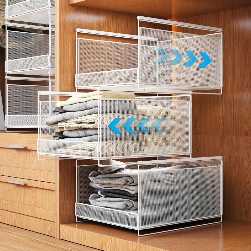 WOCHUANGSI金属製 衣類収納ケース 3段 引き出し式 押入れ収納ラック 重ね可能 大容量 ホワイト クローゼット収納ボ ックス 衣装ケース 洋服収納 衣類3個セット (白, 幅31cm*奥行き