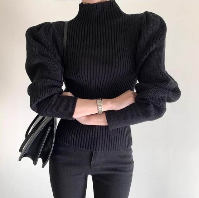 レディース トップス ニット セーター プルオーバー 長袖 パフスリーブ バルーン袖 タートルネック フェミニン 伸縮性 ニット リブニット 大人可愛い きれいめ おしゃれ ガーリー モダン 抜け感