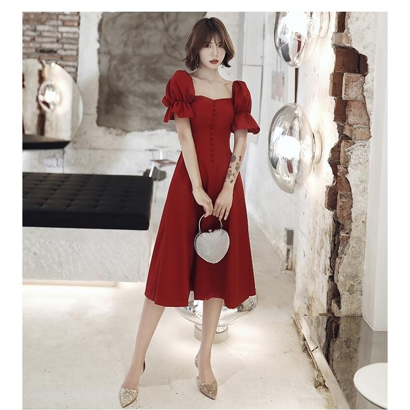 Aラインワンピース ウエディングドレス パーティードレス エレガント 袖あり ミモレ丈ドレス 20代