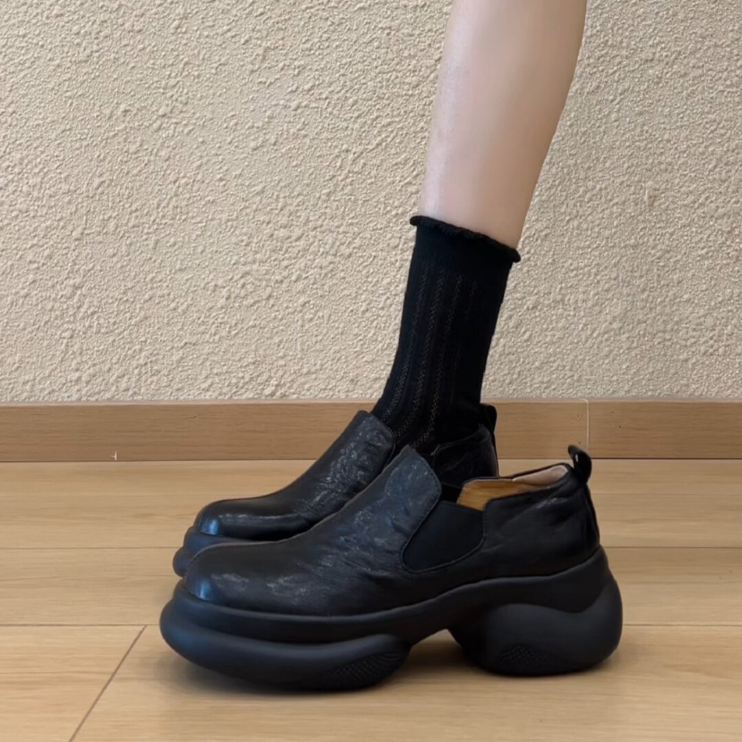 レトロ英倫風 ラウンドトゥ 厚底 レザーシューズ レディース ウェッジソール スリップオン パンプス ローファー レディース
