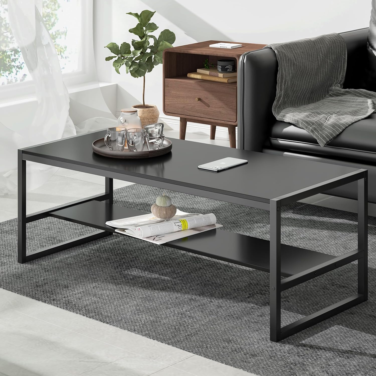 ローテーブル 幅100奥行45高さ38cm センターテーブル リビングテーブル コーヒーテーブル 机 座卓 コンパクトデザイン 収納棚板の高さ可動式 床傷防止用のアジャストフェルト付き 強度安定 錆び