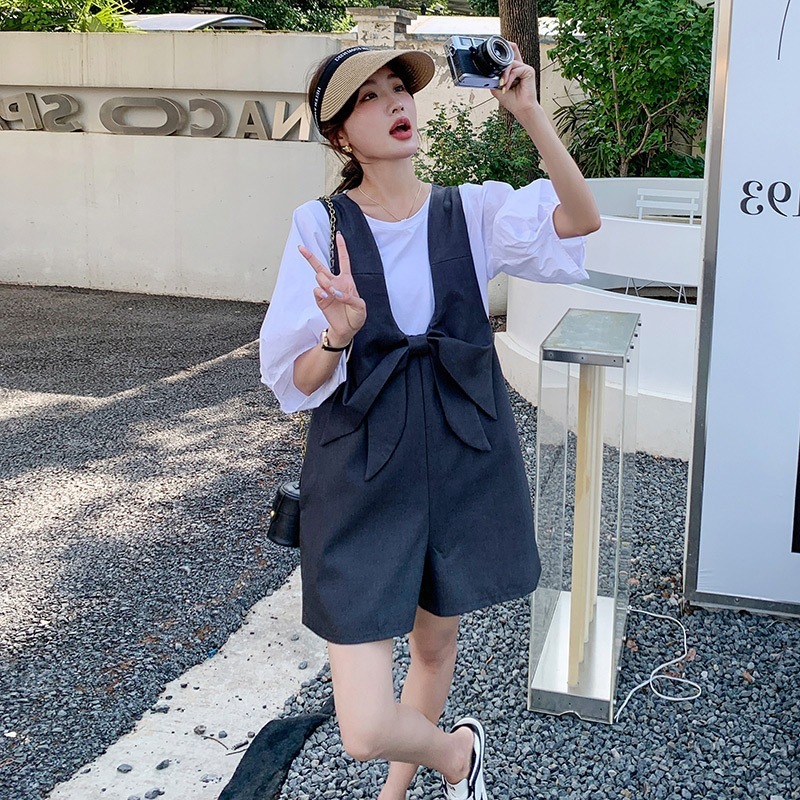 実際の蝶ネクタイバックパンツスーツ夏2024新しい韓国の緩いTシャツトップカジュアルショーツ2点セット 5,654円