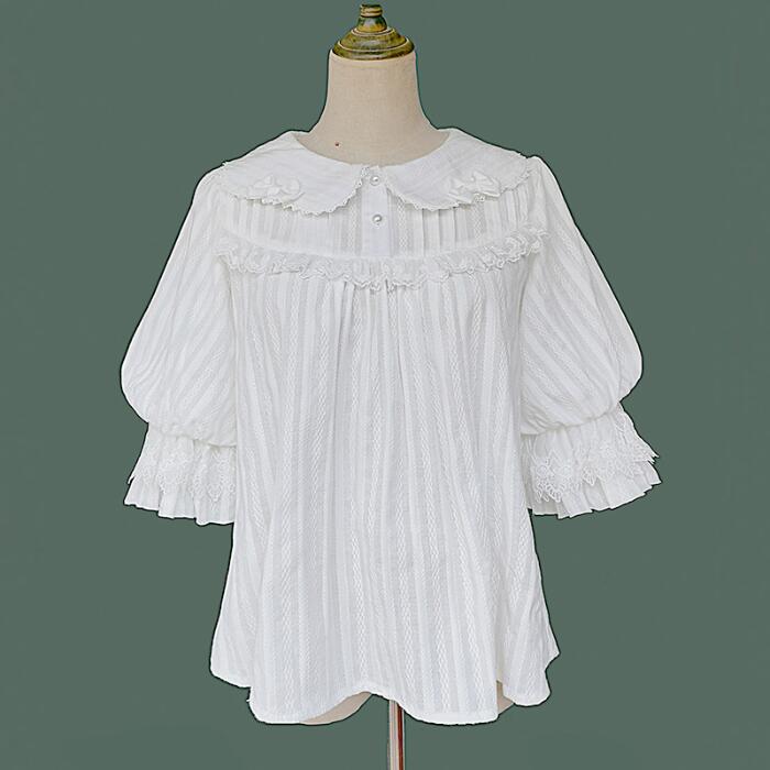 【急速出荷】ロリータ シャツ ブラウス 半袖 ゴスロリ パフスリーブ 綿 レース 快適 春 夏 リボン ゆめかわいい ゴシック レディース ホワイト ブラック