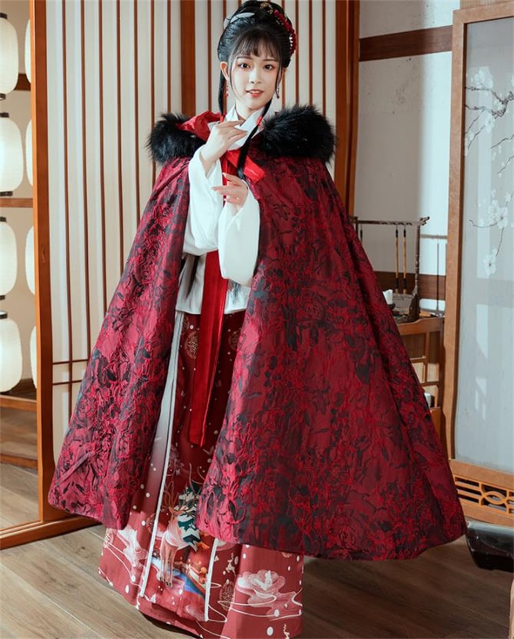 早い者勝ち 漢服 裏起毛 厚みのある 暖かい 厚手 ジャカード ダークパターン 大きな毛皮の襟