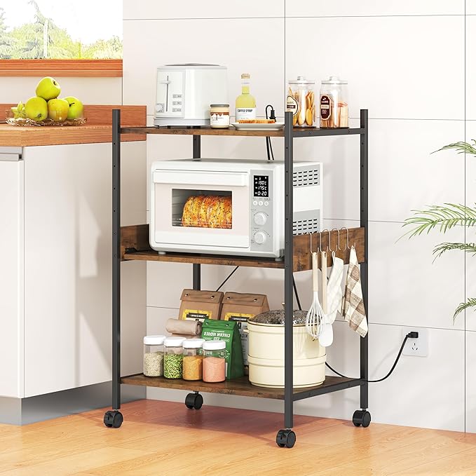レンジラック レンジ台 幅 60× 奥行 44× 高さ 91.5cm 高さ 5 段調節 コンセント S フック付 キャスターアジャスター付 耐荷重 112kg ヴィンテージ調