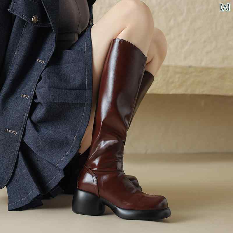 ロングブーツ レディース タイトフィット シンプル おしゃれ スタイルアップ 冬 厚底 V 口 レザー 着痩せ ハイ ブーツ 膝下 ファスナー ナイト ブーツ