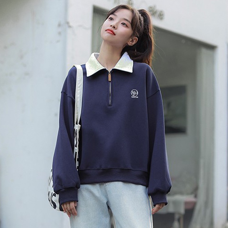 トップス スウェット 長袖 スリットネックストレートスタイリッシュ 抜け感 使い勝手良い ラフ リラックス感 スポーティー アクセント 切り替え 韓国 無地 春 秋 冬 個性的 ダークブルー