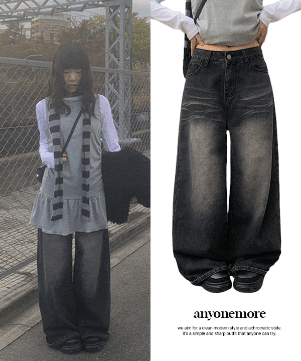 フェードウォッシュワイドブラックデニムパンツ