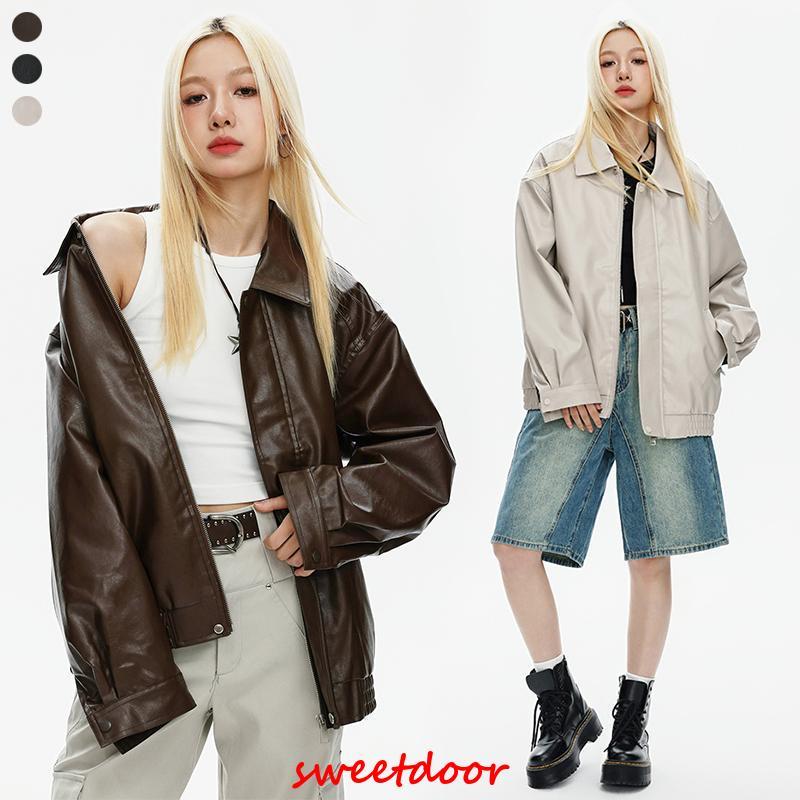 フェイクレザー ブルゾン レディース ステンカラー ショート丈 カジュアル アウター 革ジャン 長袖 ライダース 女性 秋 冬