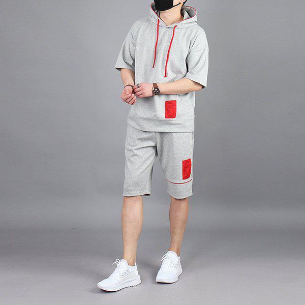 BH メンズ ビッグサイズ ピンストライプ パッチ フード付き半袖ショートパンツ SET