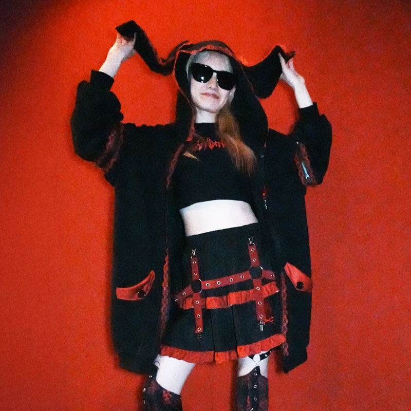 PUNKYバニー ウサミミパーカー 長袖 原宿 原宿系 ファッション うさぎ 病み 病みかわ 地雷 ブラック/レッド jr-535-127