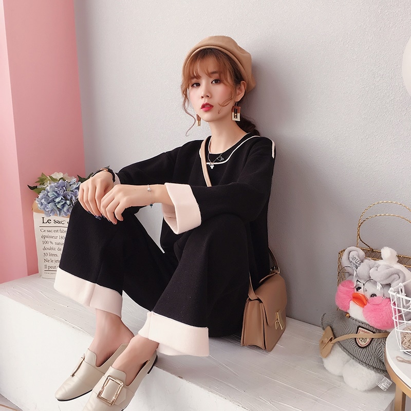 1871.セットアップルームウェア（ブラック）2019 春夏 sale 春夏 sale ワンピース ドレス Uネック 長袖 バイカラー お呼ばれ パーティー 女子会 レストラン デート