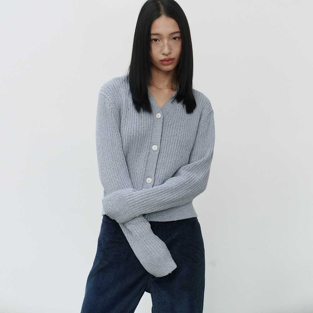 【NOIER 】 BOUCLE LIBED CROP CARDIGAN : SKY BLUE