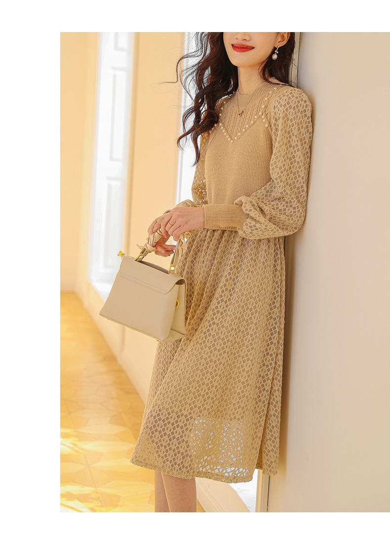 春 フレンチ レース ニット スカート スリーブ ドレス 女性 おしゃれ ホワイト アプリコット ブラック M L XL XXL ワンピース 膝下 袖あり かわいい 大人可愛い きれいめ シンプル