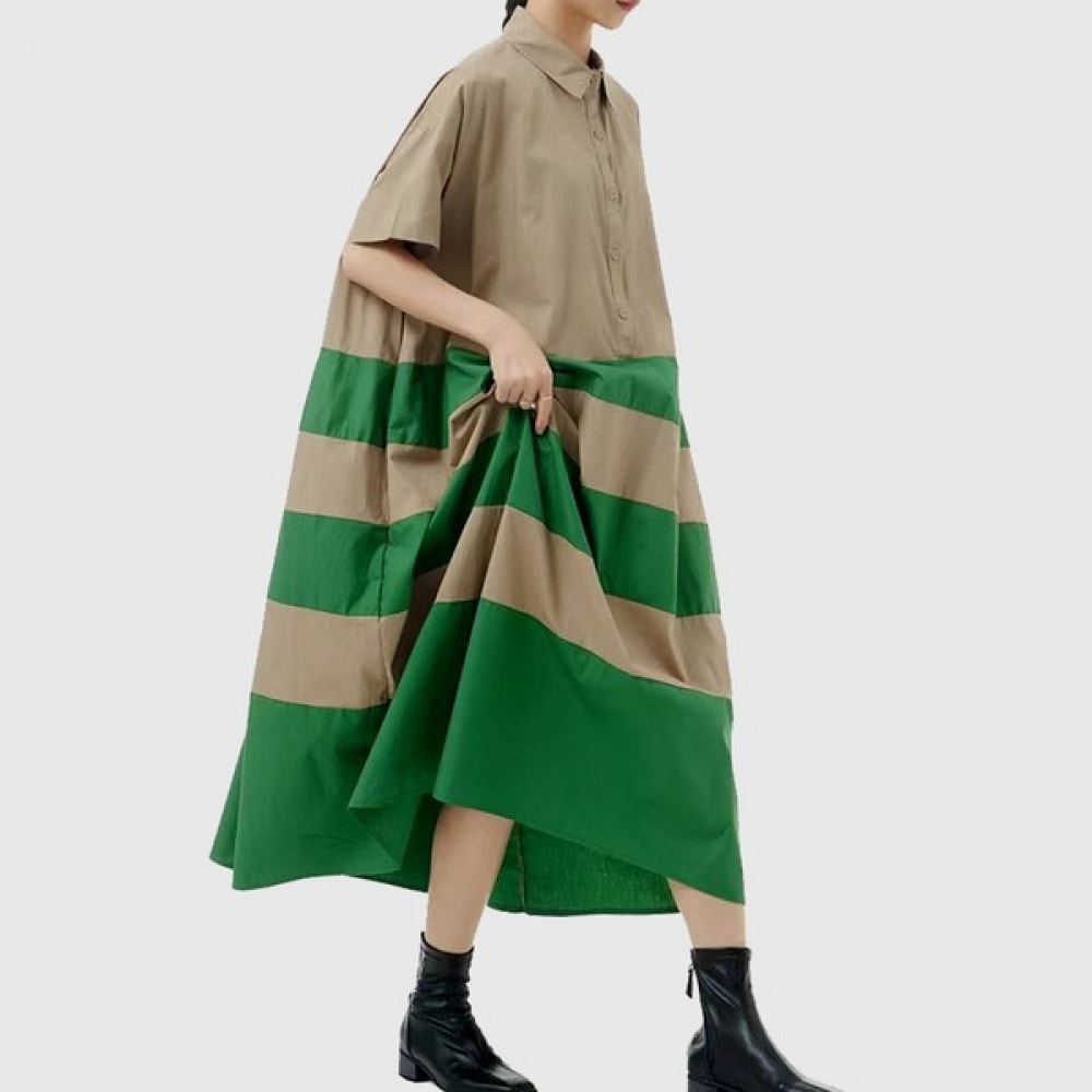 [UNIKE] カラーネックボトムストライプ半袖ロングワンピース