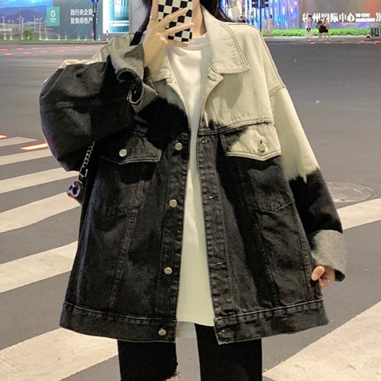 レディース デニムジャケット ウォッシュデニム ブラック 配色 バイカラー ブルゾン ジャンパー