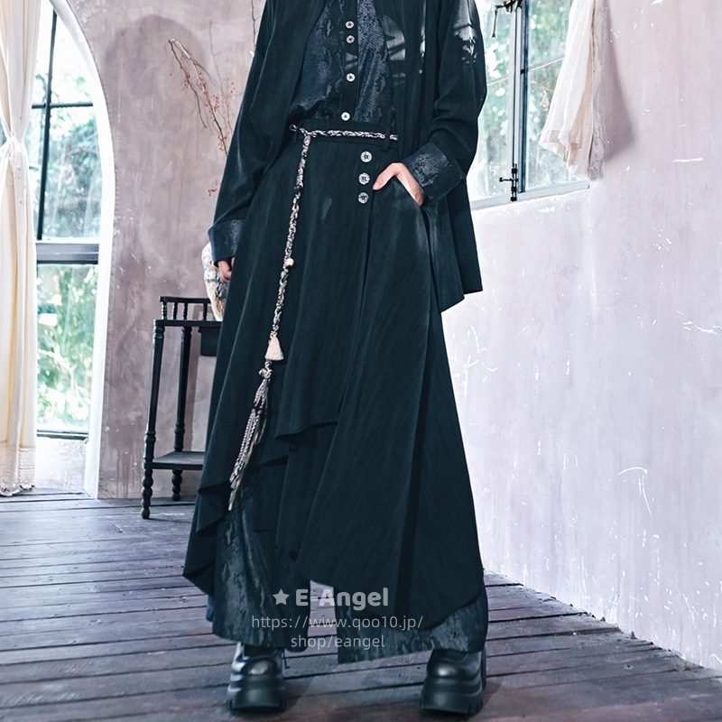 チャイナ風ズボン ガウチョパンツ ロング 黒 蛇紋切り替え ワイドパンツ レディース レイヤード 飄逸 個性的 暗黒