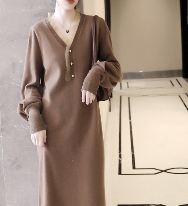 ワンピース デート モテアイテム ニットワンピ ミモレ丈 長袖 Vネック ウール 可愛い きれいめ 上品 おしゃれ かっこいい 可愛い ラブリー キュート ガーリー クール モード系 セクシー