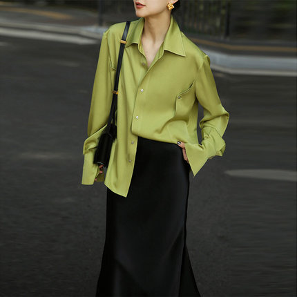 トップス シャツ ブラウス 袖あり 長袖 ドロップショルダー 襟付き シャツカラー デザイン ボタン オーバーサイズ 美ライン ニュアンス 前開き 2点セット ツーピース お得 かわいい 大人可愛い