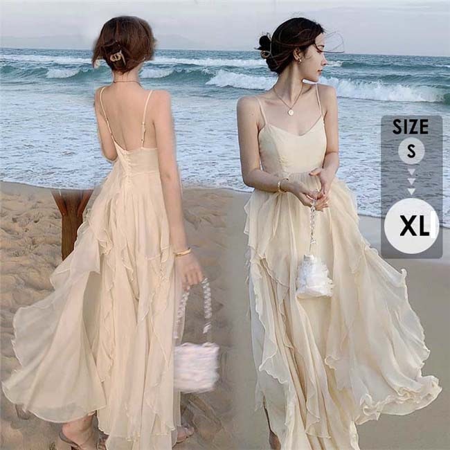 リゾートワンピ ワンピース 夏 おしゃれ 大人可愛い かわいい ロング ロングドレス 夏ワンピ フリル ハワイ 結婚式 キャミソールドレス ファッション リゾートワンピ ノースリーブ マキシワンピース