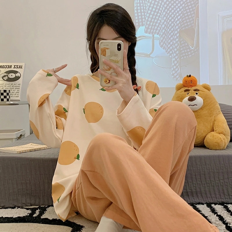 パジャマ ルームウェア レディース 綿 肌触りも良く春秋 果物柄 ラウンネック パジャマ 長袖 ロングパンツ ルームウェア 女性 可愛い 部屋着 寝巻き 韓国風