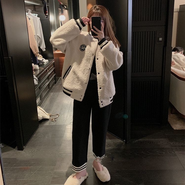 スタジャン アメリカンカレッジ ラムウール アウター ブルゾン ジャケット もこもこアウター ボアブルゾン 袖あり 長袖 モコモコ 前開き かわいい 大人可愛い おしゃれ こなれ感 ラフ 無地 春 秋