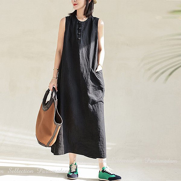 高品質 個性的ミセスロングワンピース　上品スタイル　麻ブラックワンピース　ノースリーブ　ビッグポケット　女子会細く見える通勤通学20代30代40代50代60代