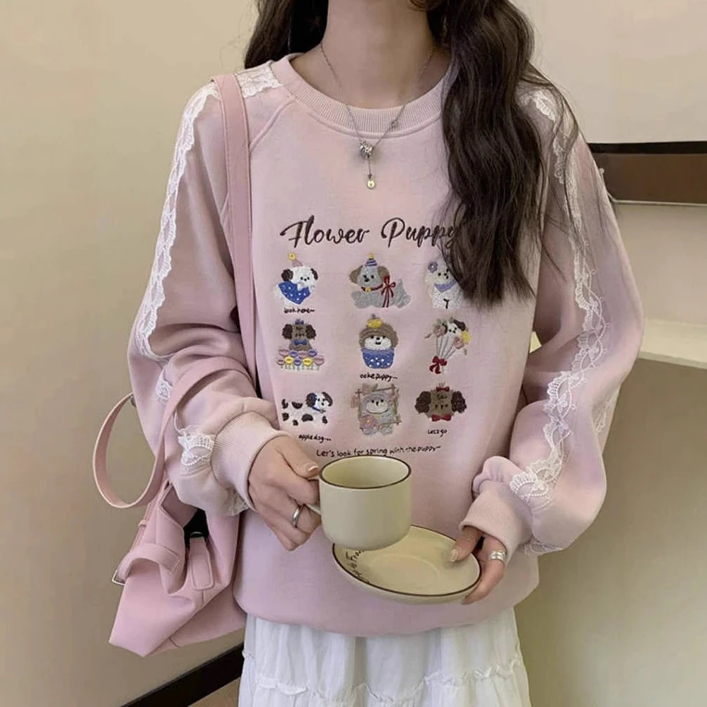 2025年春/秋新作　和風カートゥーン刺繍レースラウンドネックスウェットシャツ　レディース　ゆったりカジュアル　若々しいベースレイヤートップス