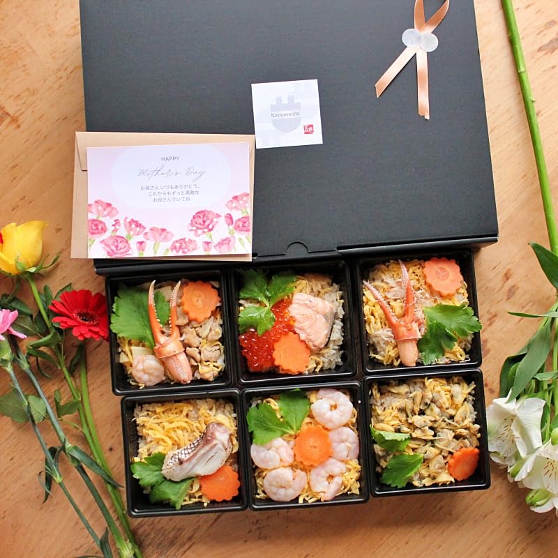 GOSHIKI レンジで釜めし6食 （ずわい蟹・鮭といくら・海老・鯛・浅蜊・五目） 詰め合わせ_メッセージカード付き ギフト セット_各1食ずつ お取り寄せ 誕生日 グルメ ギフトボックス入り 内祝