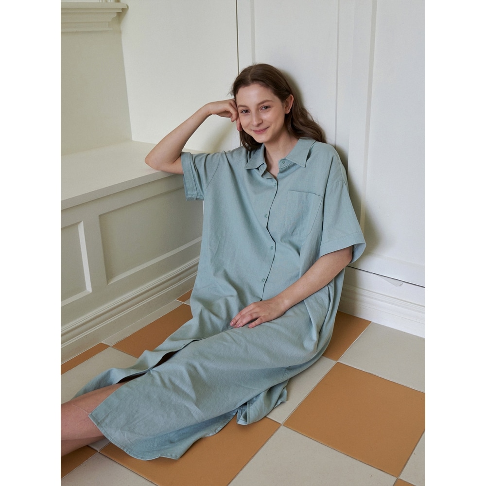 LOEIL リネンポケットシャツロングドレスミント