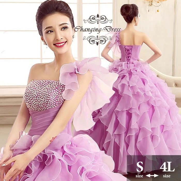 カラードレス お色直し ライトパープル 浅い紫 結婚式 ロングドレス 演奏会 袖なし ノースリーブ ワンショルダー 編み上げ パーティードレス フォト婚 ピアノ発表会 イブニングドレス プリンセスライ