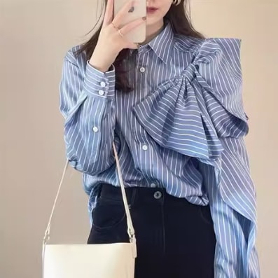 レディース トップス シャツ ブラウス 長袖 ボリューム袖 フリル リボン リブ 前開き ボタン かわいい 大人可愛い きれいめ シンプル カジュアル 上品 おしゃれ レトロ こなれ感 ラフ ガーリー