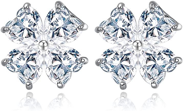 幸運四つ葉のクローバー 女性 6.4ct キュービックジルコニア 925純銀製 シルバー ピアス K18コーティング( 4月 誕生石 キュービックジルコニア (C)