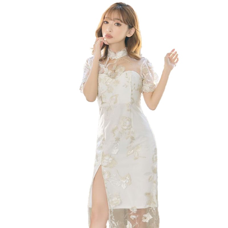 アシンメトリー 刺繍 レース チャイナドレス チャイナ服 ミニ ミディアム コスプレ イベント ハロウィン キャバドレス [1188]