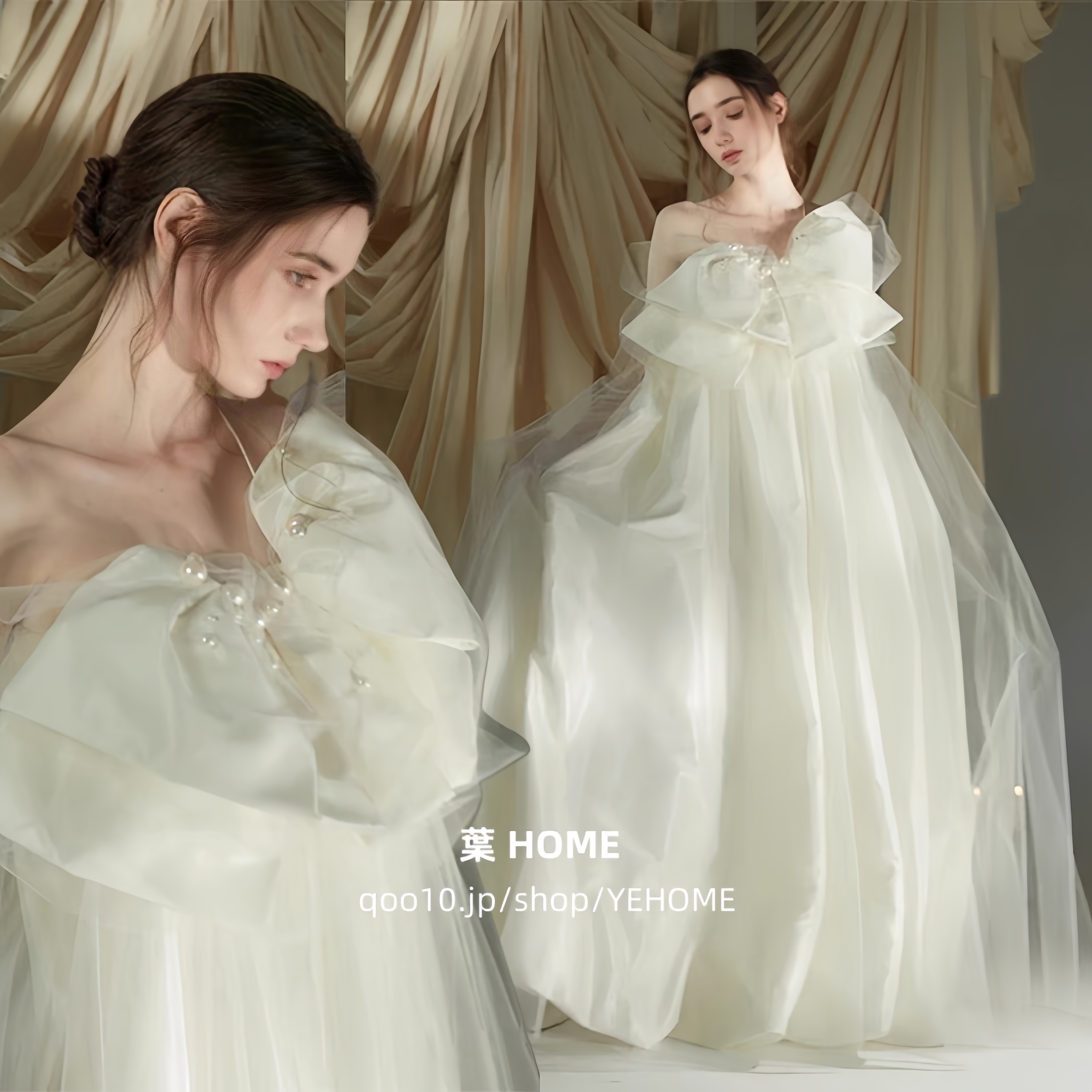 【精緻な品質】フレンチドレス ウェディングドレス パーティードレス 结婚式 二次会 花嫁 森系 ふわふわ 大きなリボン 真珠飾り レースのロングドレス ワンピース