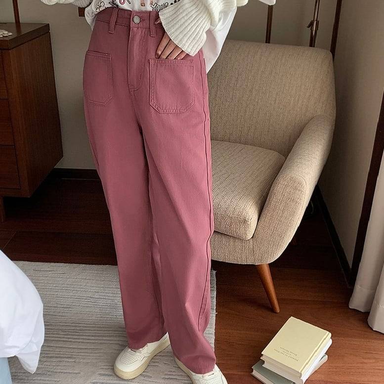 3color レディース カラーデニムパンツ パンツ ボトムス デニムパンツ ポケット付き ロングパンツ カラーデニム ハイウエスト ストレート スラックス チノパンツ デニム 緑 紺 ピンク グリー
