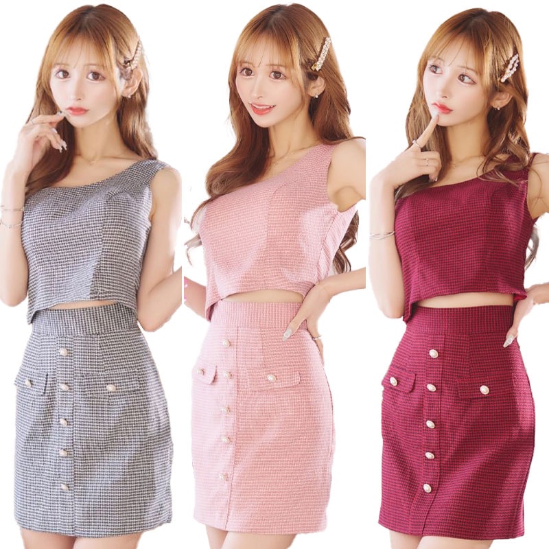 【SMLサイズ/3カラー】パールチェーンショルダー アシンメトリー ツイード セットアップ ボタン ミニドレス キャバドレス [1265]