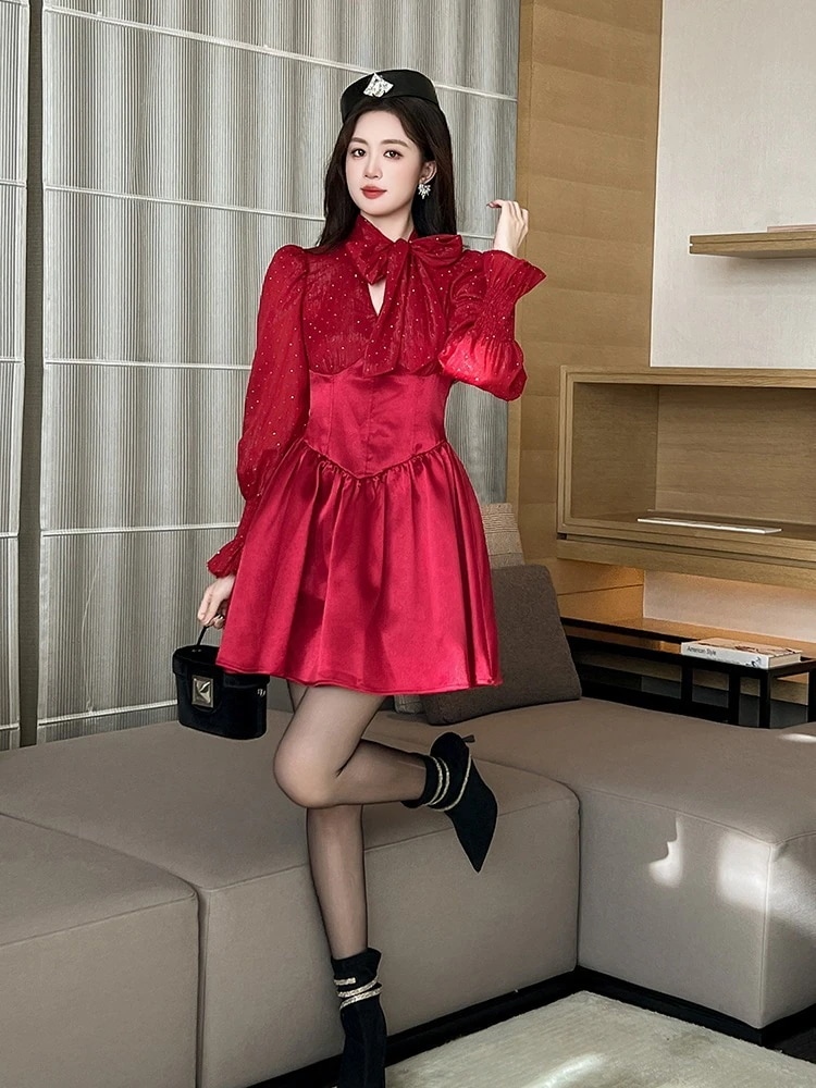 2025秋冬新品 レッドワンピース 蝶結び フリル ドレス パーティー キャバ 大人 同窓会 披露宴 卒業式 結婚式 演奏会 ウェディング 二次会